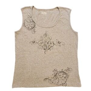 Basic Editions Gray Ribbed Tank Top Filigree Graphic Rhinestone XL Womens